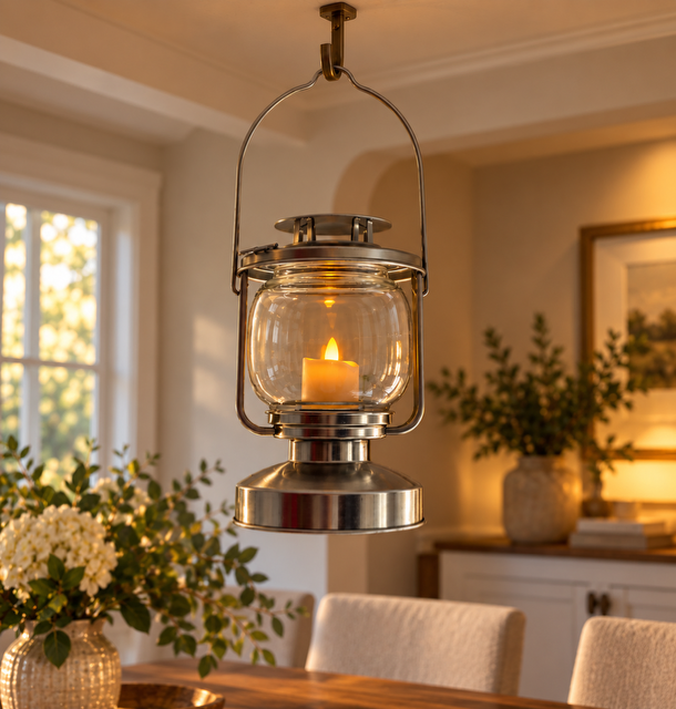 Hanging lantern styled in a softly lit room
